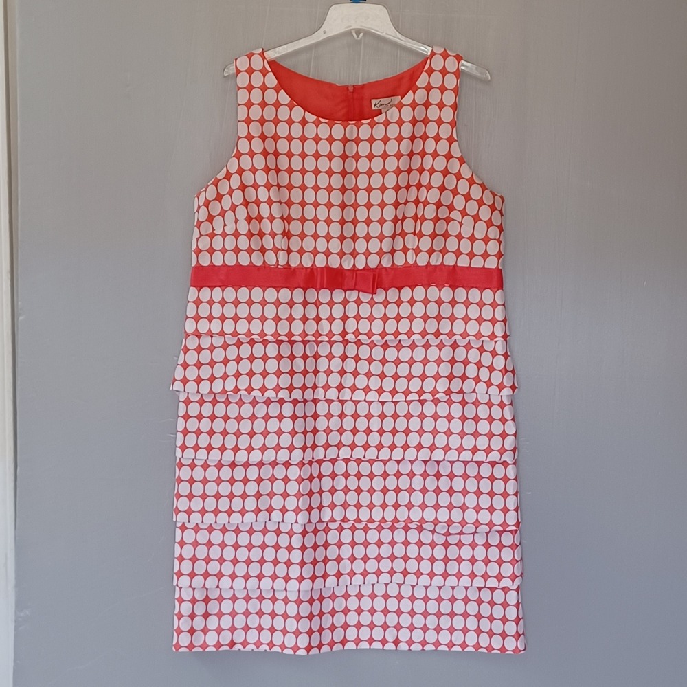 Kim Rogers Women Coral Pink White Polka Dot Tiered Bow Sheath Dress Plus Size 18